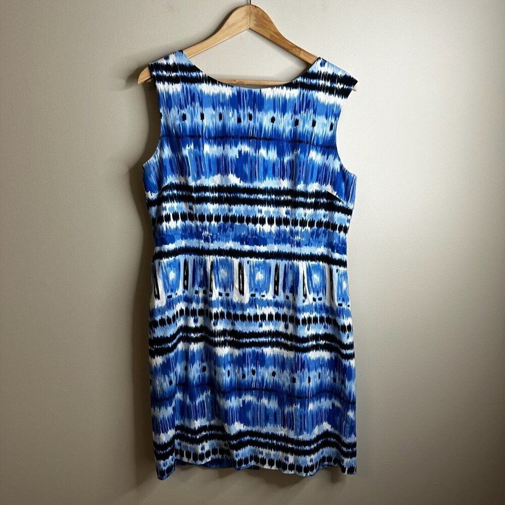 Tahari Sleeveless Midi Dress Sz 12P Blue Abstract Stripe Coastal Summer Fitted
